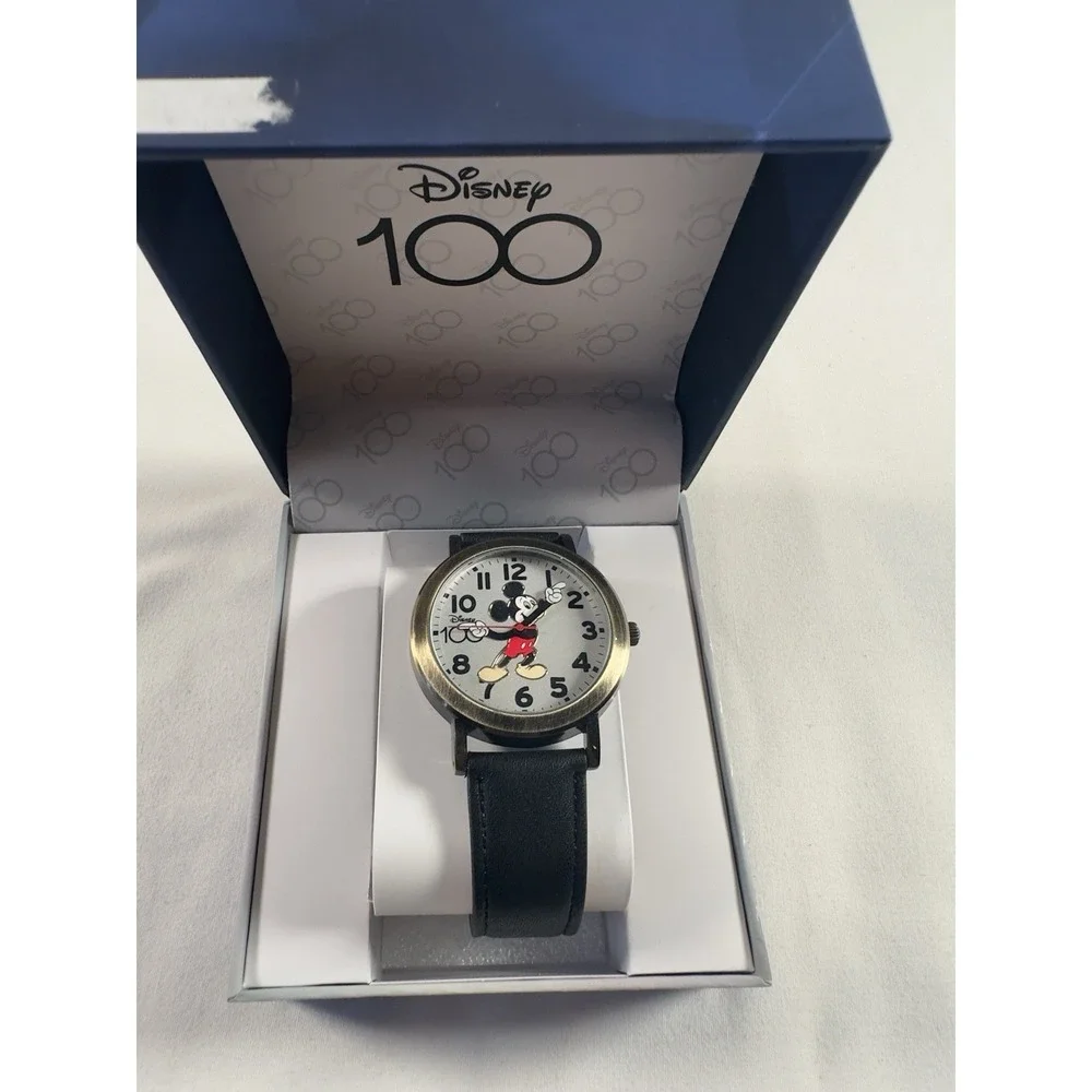Disney 100th Anniversary Mickey Mouse Watch‎ Moving Hands Black Strap NIB